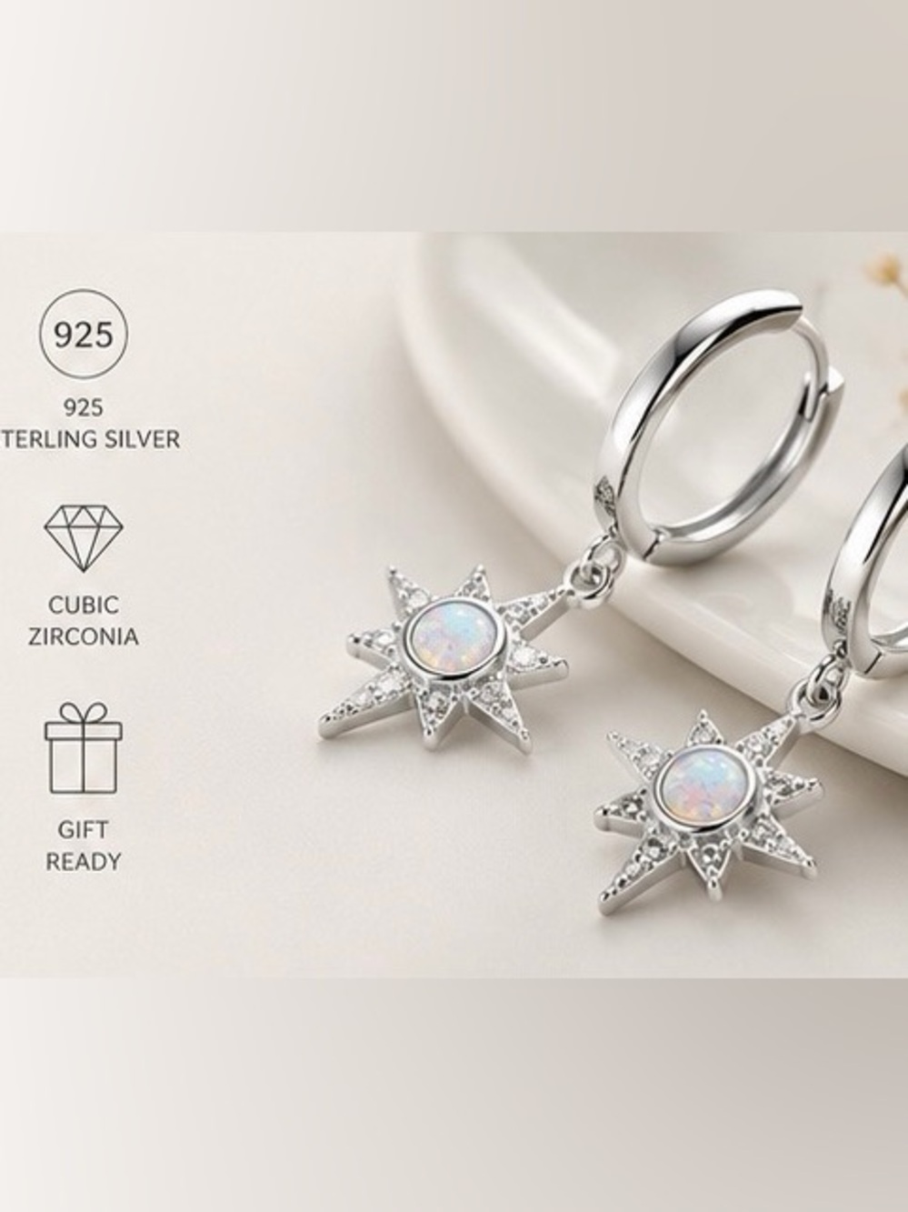 925 Sterling Silver Opal North Star Huggie Earrings